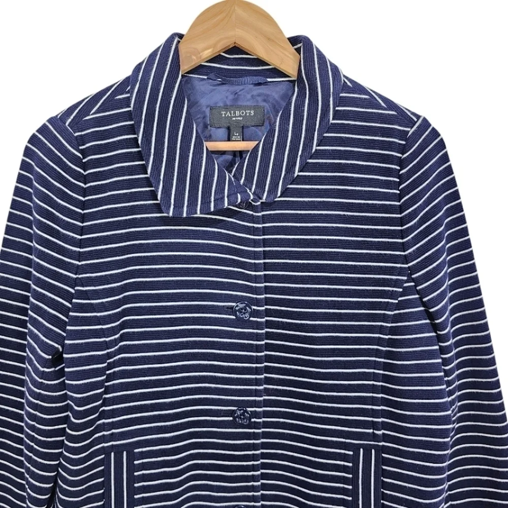 Talbots Cotton Blend Striped 3 Button Down Casual Blazer Navy White Size LP